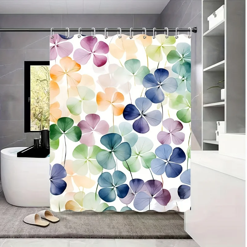 Watercolor four-leaf clover shower curtain-waterproof polyester with digital print, includes hooks, perfect for bathroom decor