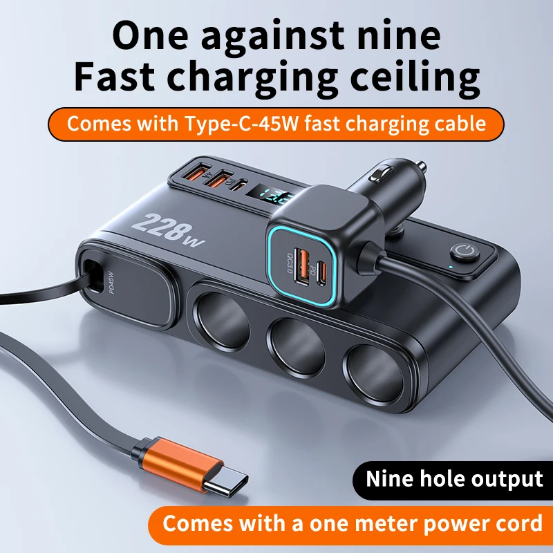 228W Car Charger Splitter with Retractable PD Cable, 9 Ports, 12V-24V Universal Car Power Adapter with Voltage Monitor