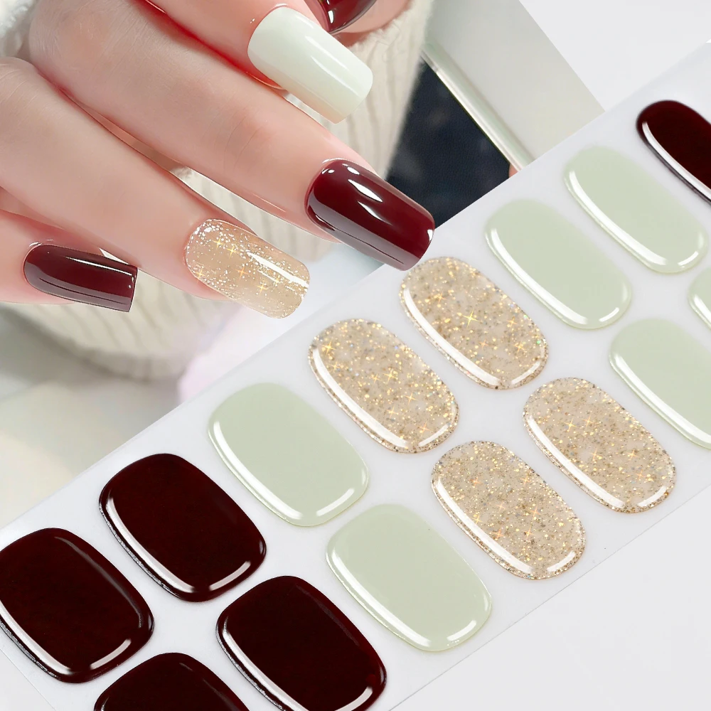 16Tips Solid Color & Glitter Semi Cured Gel Nail Strips Self-Adhesive Baking Free Elegant Gel Nail Sticker Full Coverage Decals
