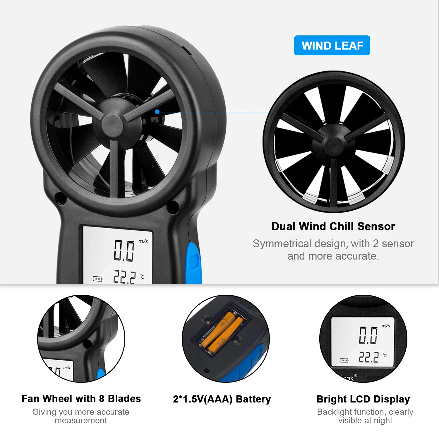 Digital Anemometer Handled Mini Digital LCD Wind Speed Meter Temperature Wind Chill with Backlight HoldPeak HP-866B