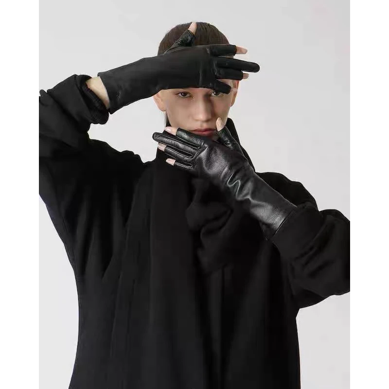 Men Women Goatskin Leather Gloves Long Lovers Fingerless Mittens Black Half Finger Outdoor Tactical Mens Leather Driving Gloves