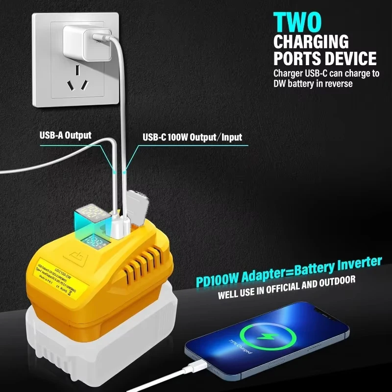 100W USB Wall Charger Kit Adapter For Dewalt/Makita/Milwaukee/Einhell 18V Li-ion Battery Converter QC3.0 Type-C with LED Display