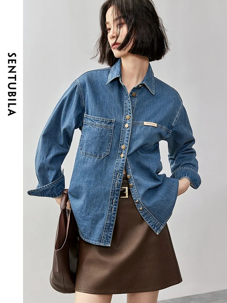 SENTUBILA 100% Cotton Washed Denim Jacket for Women 2024 Autumn Retro Loose Patchwork Pockets Leather Logo Coat W43C56148