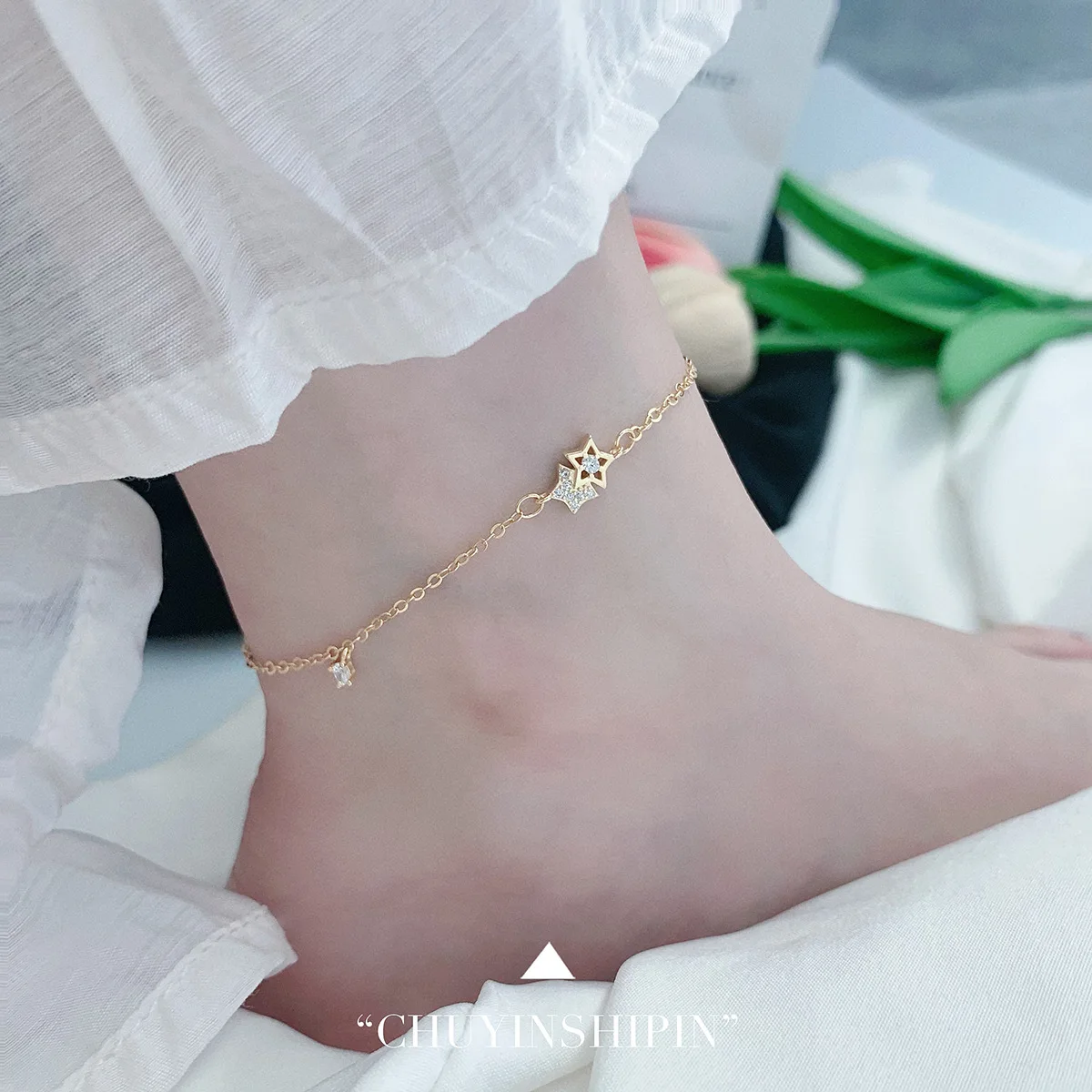 Chic 925 Sterling Silver Diamond Inlaid Starfish Anklet for Women, Simple Beach Foot Jewelry