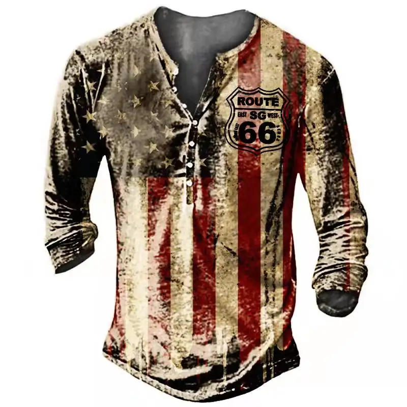 Vintage Men\'s T-shirts With Buttons Spring Summer Cotton V-Neck Long Sleeve Route 66 Letter Printing Oversized T Shirts For Men
