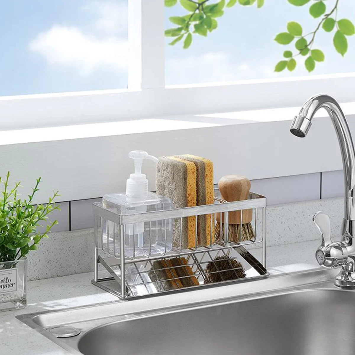 Kitchen self drain sink shelf, stainless steel sponge crate, removable drain tray, bathroom sink