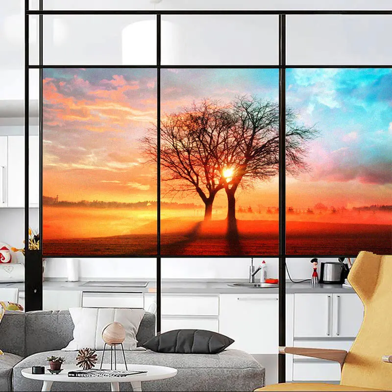 Privacy Windows Film Decorative Sunset Window Stickers No Glue Static Cling Frosted Glass Sticker for Home