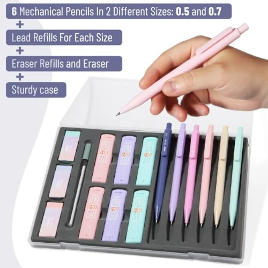 パステルカラーのシャープペンシルセット、替え芯と消しゴム付き、6本入り、2サイズ（0.5mm、0.7mm）、おしゃれなシャープペンシルセット