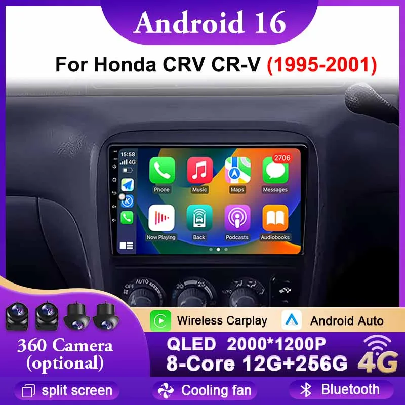 

Car Radio Stereo Auto Carplay Android 16 For Honda CRV CR-V 1995 -2001 WIFI Multimedia Video Player GPS Navigation 2 din QLED