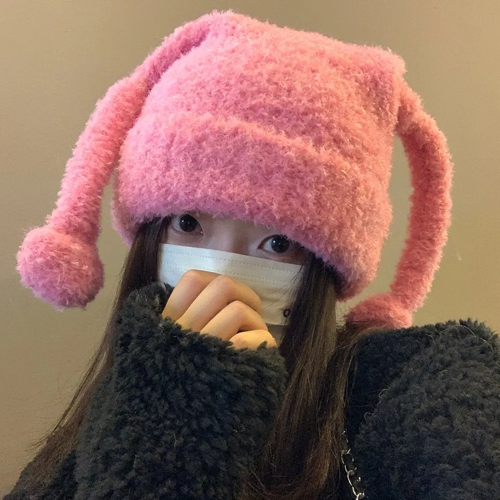 Personality Soft Knitted Woolen Hat Spicy Girl Plush Big Pullover Hat Keep Warm Long Ear Brimless Cap Women