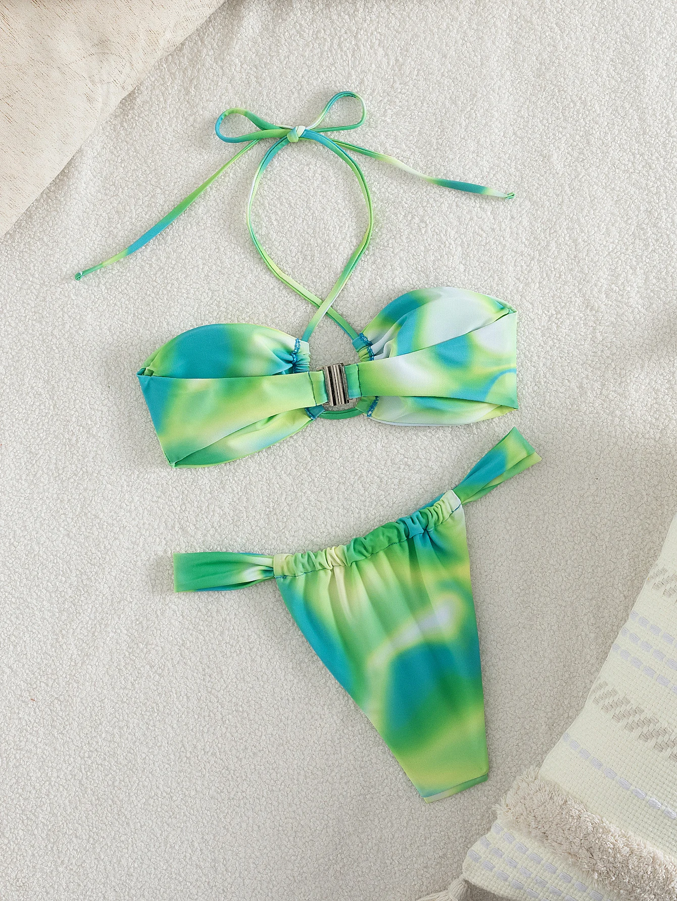 Conjunto de bikini sexy con estampado teñido anudado verde, correas ajustables, perfecto para ropa de playa de verano, fiestas en la piscina, ocasiones especiales, escapada de verano