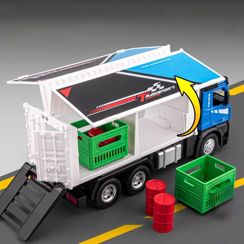 

1:24 Container Car Mixer Truck Toy Model Sound Light Doors Opened Alloy Body Rubber Tires Engineering Vehicle Collection Gift