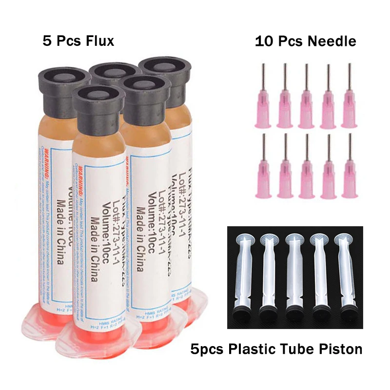 Flux Solder Paste Grease 1-5pcs 10cc con 10pcs Pin Rma223 Rma-223 per Chip Led Bga Smd Pga Pcb strumento di manutenzione fai da te