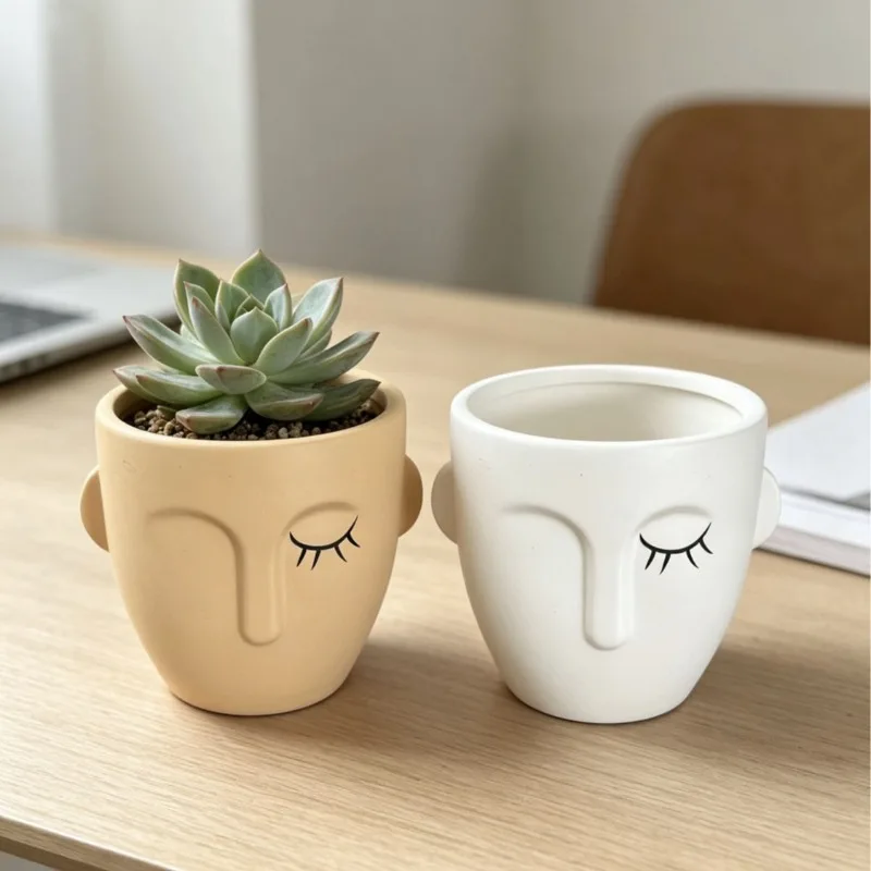Nordic Ceramic Human Face Flower Pot Ornaments Living Room Porch Courtyard Succulent Plant Bonsai Pot Crafts Garden Decoration