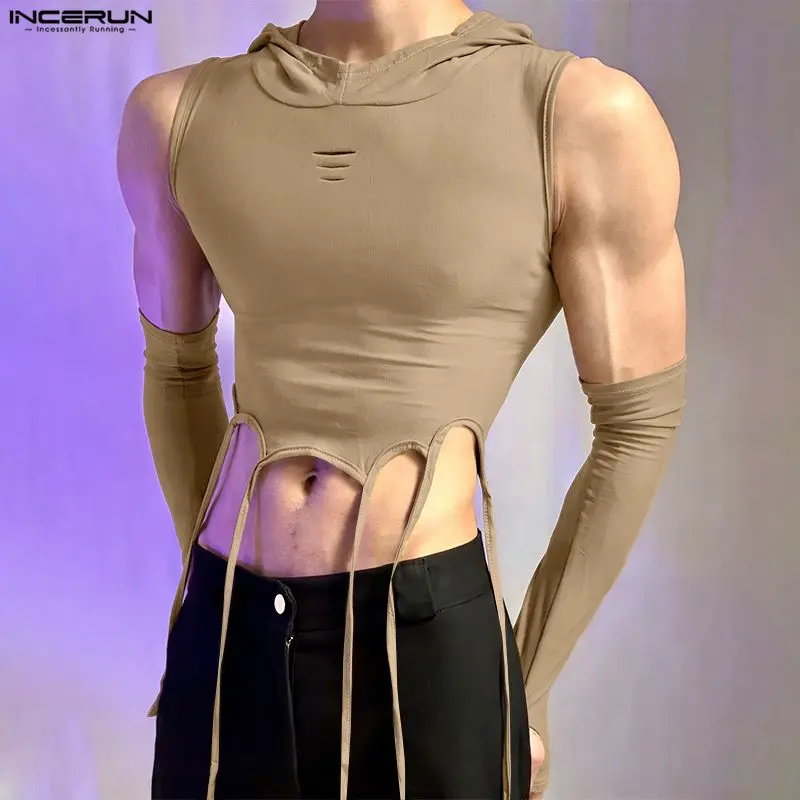 INCERUN Men Irregular Tank Tops Solid Color Hooded Tassel Male Vests With Arm Sleeves Summer Streetwear Casual Men Clothes 2026