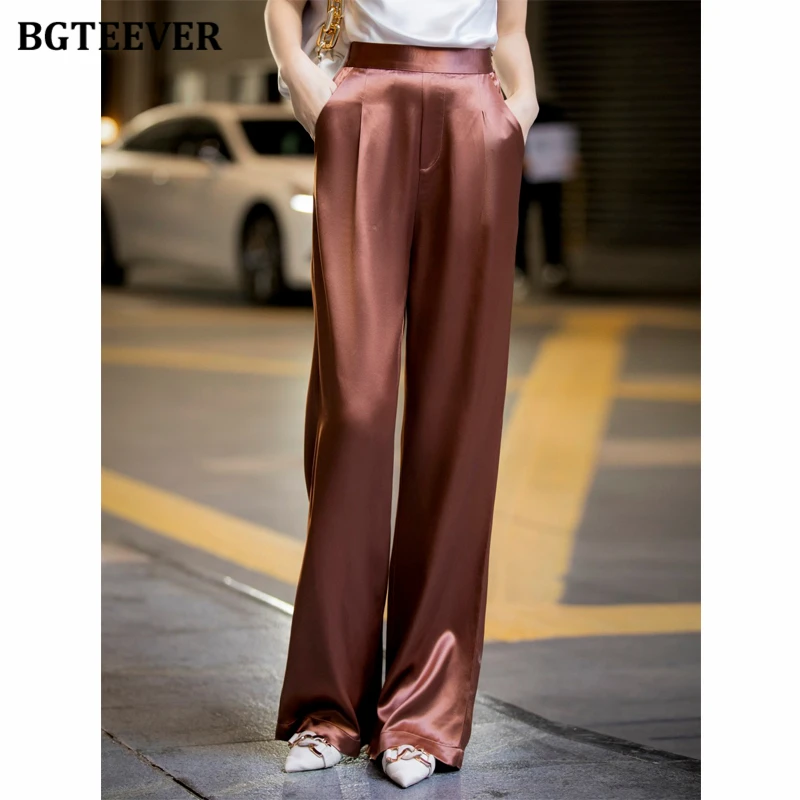 BGTEEVER Elegant Loose High Waist Satin Pants for Women Stylish Summer Long Pants Ladies Wide Leg Trousers Female