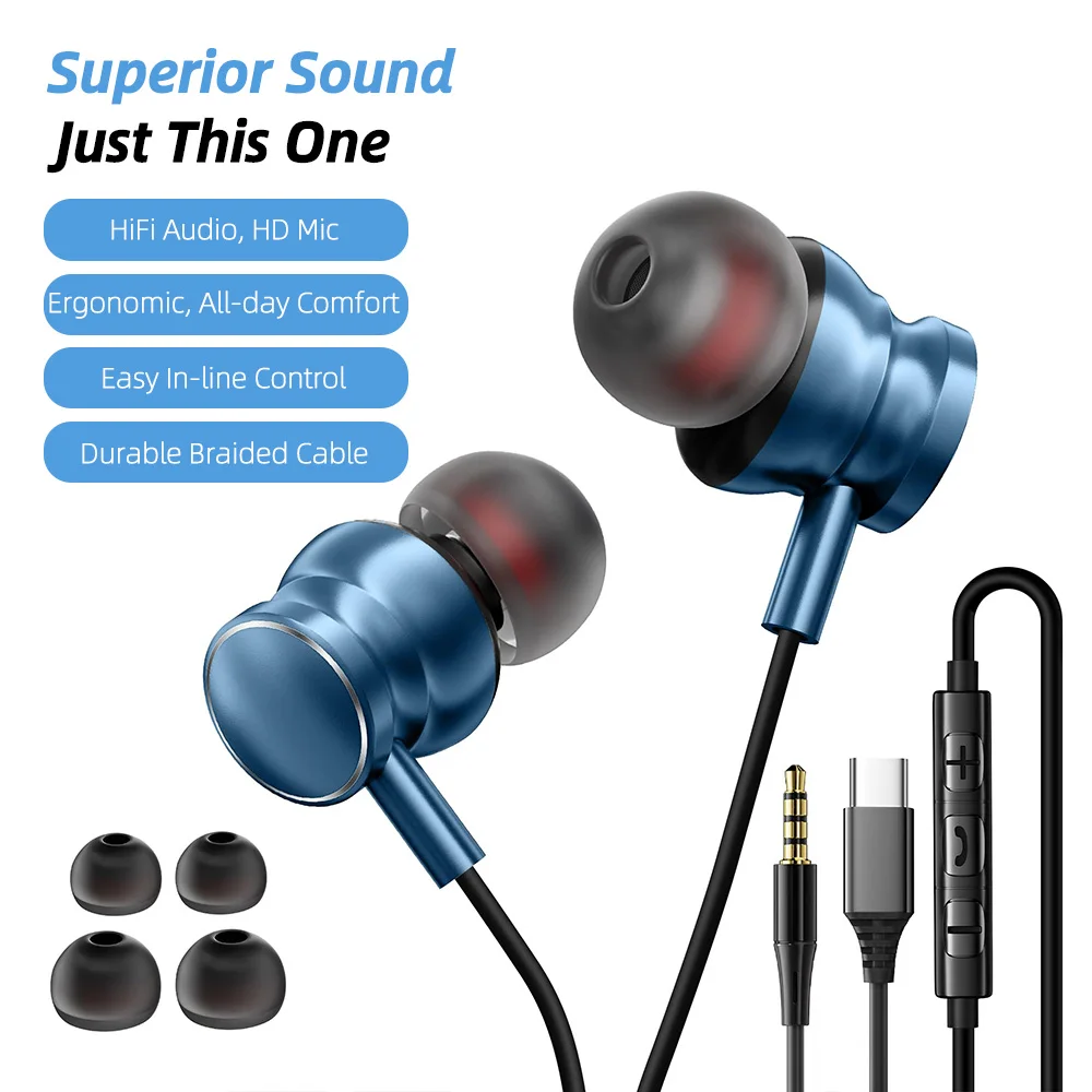 USB C Headphones for Samsung Galaxy S26/S25/S24/S23 Wired Earbuds for iPhone 17/16/15 3.5mm Earphones with Mic Volume Control