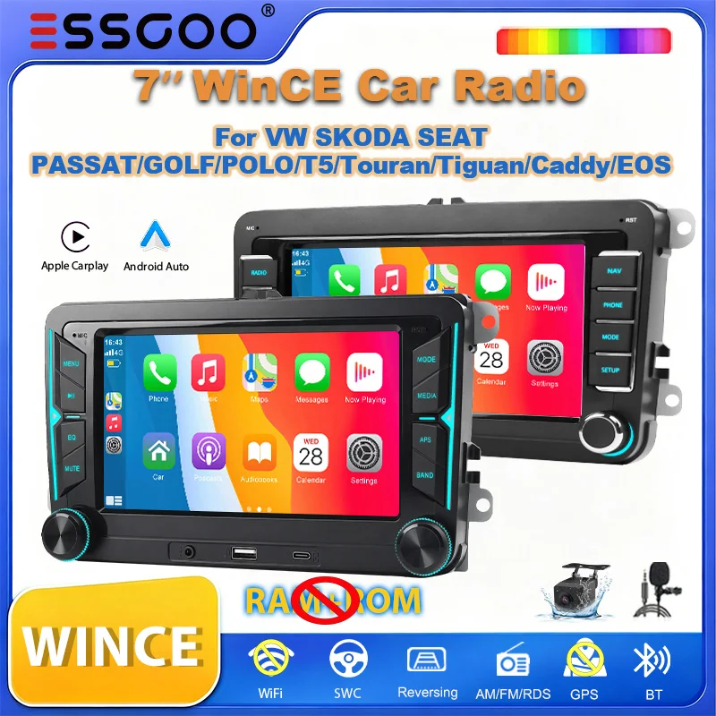 ESSGOO 7" WINCE Autoradio für Seat Skoda VW Golf 5 6 Passat Polo Touran Tiguan Rabbit Sharan Caddy EOS T5 Wireless Carplay Android Auto GPS NAVI Dual USB RDS FM WIFI Bluetooth Mirror Link SWC