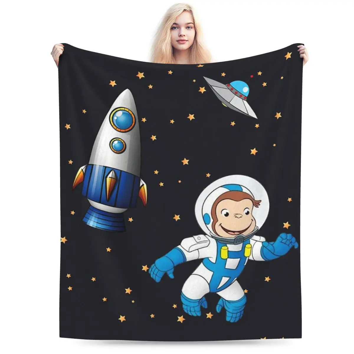 George The Curious Monkey Astronaut Cartoon In Space Scene For Childrens Room Blanket Soft Warm Flannel Throw Blanket Bedding