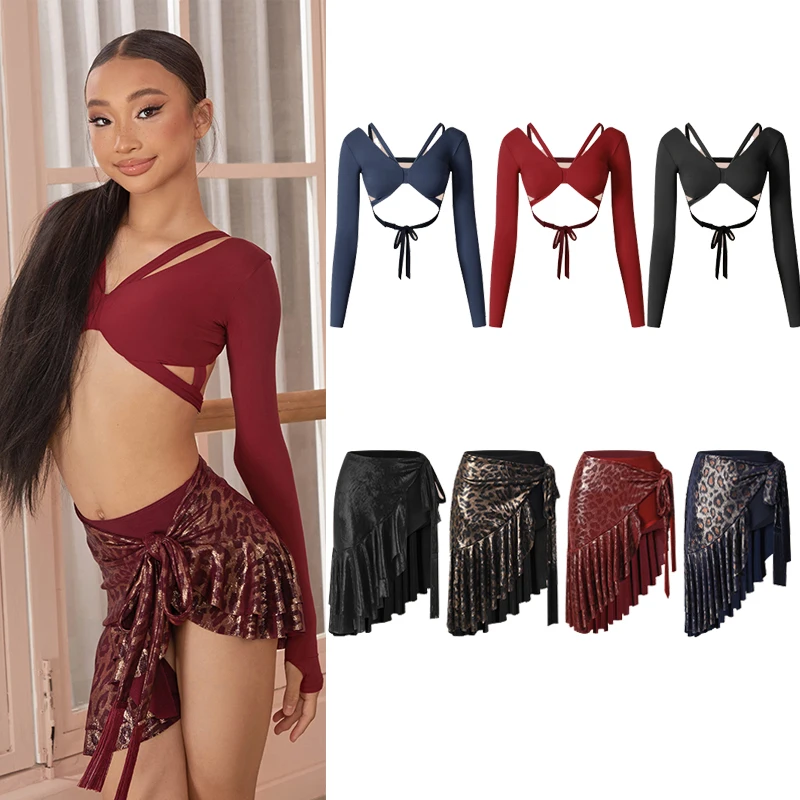 ZYM New Latin Dance Competition Clothing For Girls Long Sleeved Leopard Split Skirts Suit Kids Chacha Rumba Latin Dress DQS21255