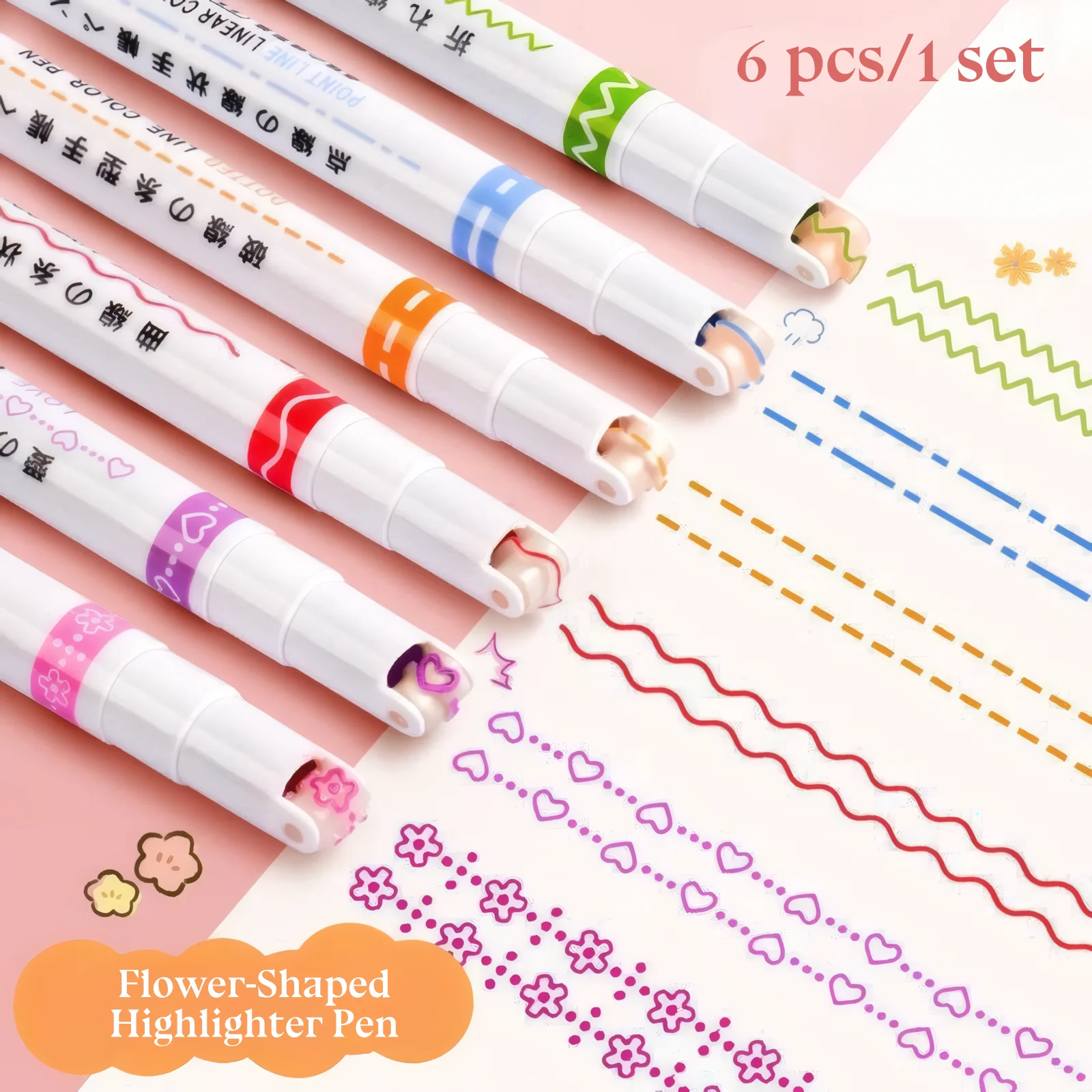 

6 Pcs/1 Set Cute Flower Line Heart Shape Highlighters, for Writing Graffiti Notebook Drawing Journaling Stationery Gift