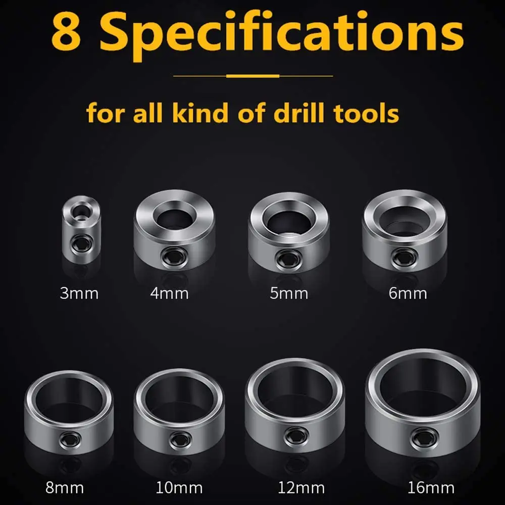 Drill Stop Assortment 8-Piece Drill Depth Stop Collars Limit Ring Dowel Shaft Chuck Positioner Locator for Drill Bits Consistent