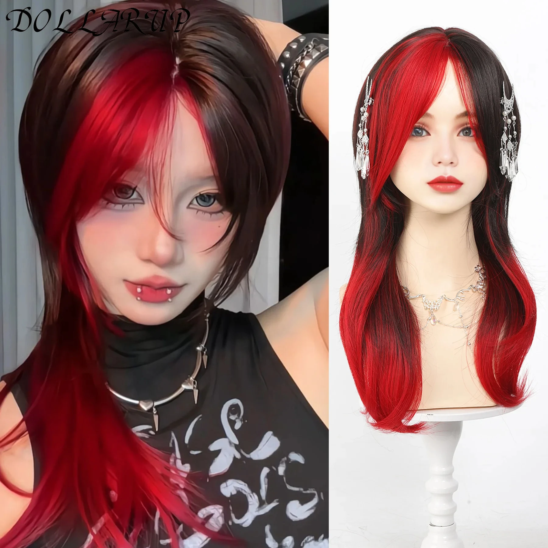 

JKL Black and Red Synthetic Wigs with Bangs Medium Straight Layered Natural Hairs for Women Daily Cosplay Heat Resistant