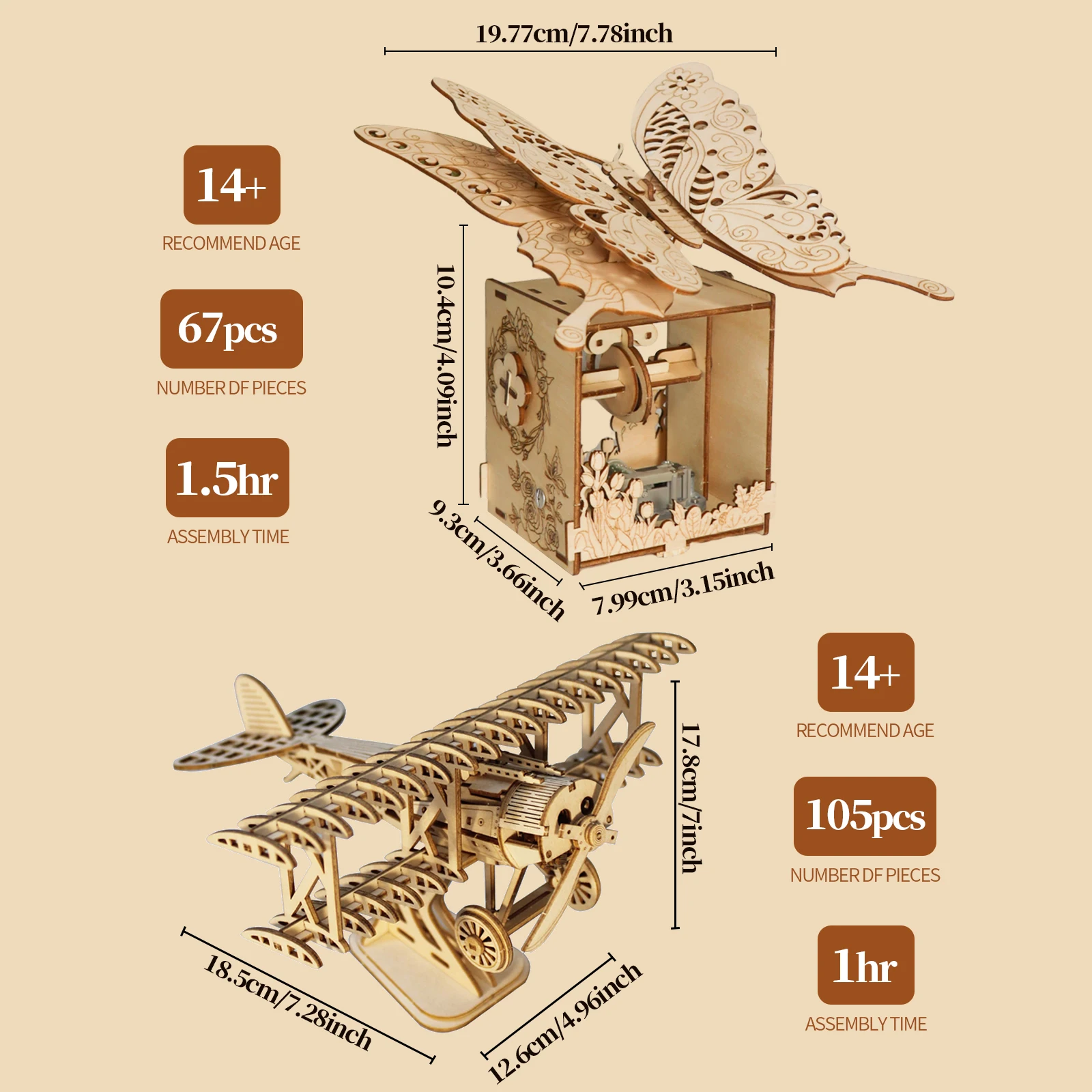 2pcs 3D Wooden Puzzle Plane And  Butterfly DIY Craft Model Kits Handmade Assembly Building Toy For Teens Adults Age14+ Christmas
