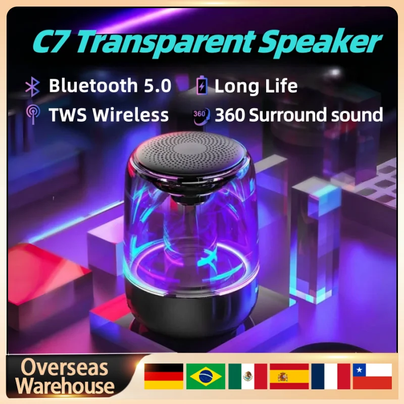 C7 Bluetooth Speaker Wireless Speaker Transparent Crystal Bluetooth LED Colorful Light Subwoofer Sound Box For Phones Tablet PC