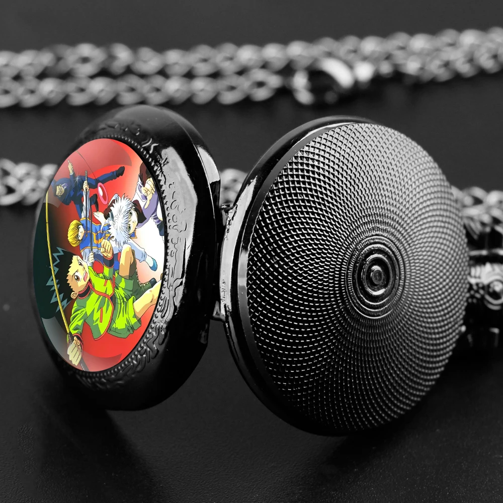 Hunter × Hunter Glass Dome Black Quartz Pocket Watch with Arabic Numerals Dial and Durable Chain Retro Gift for Men Women