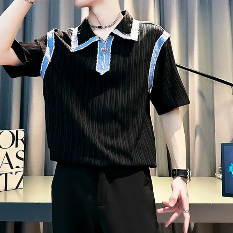 الكورية الصيف مخطط التلبيب تي شيرت الرجال قصيرة الأكمام لوس عادية نصف سستة قمصان بولو الأعمال الاجتماعية تيز الرجال الملابس #3