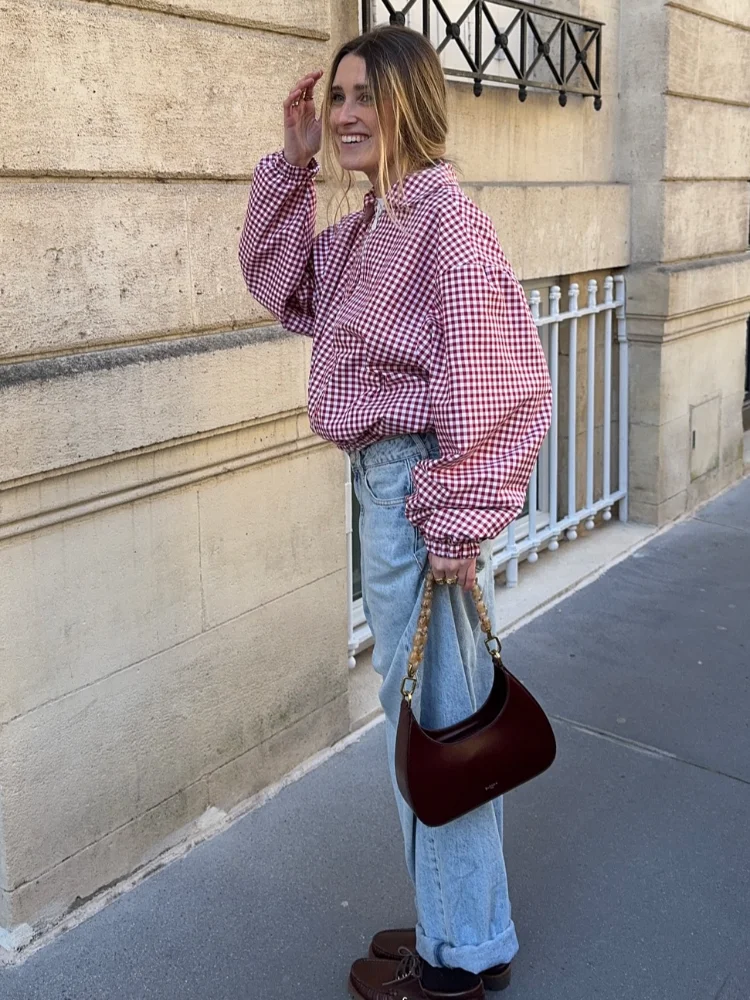 

Fashion Women Red Plaid Short Jacket Casual Stand Collar Full Sleeve Stand Collar Zipper Loose Jackets Lady Daily Street Outwear