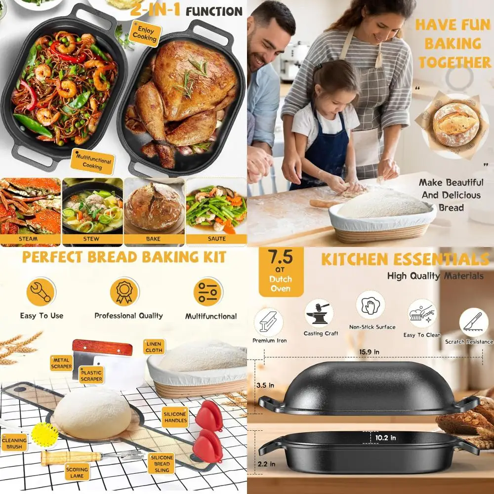 

7.5 Quart Cast Iron Dutch Oven for Bread Baking, Including Banneton Basket and Baking Accessories, Black