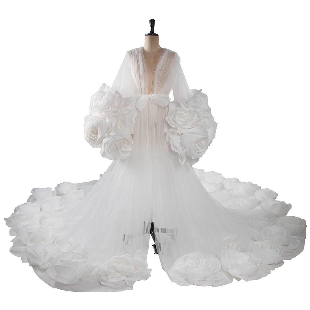 Luxury 3D Rose Sheer Wedding Dresses 2026 Bridal Robe Elegant Gowns Long Train Bespoke Occasion Dresses for Photoshoot YW250059