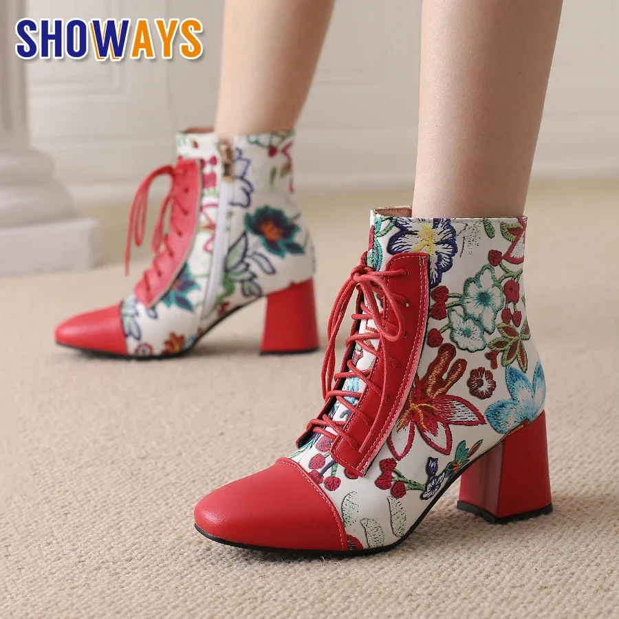 Fashion Winter Women Ankle Boots Pink Red White Flower Embroidery High Thick Heels British Party Ladies Zipper Plush Short Boots