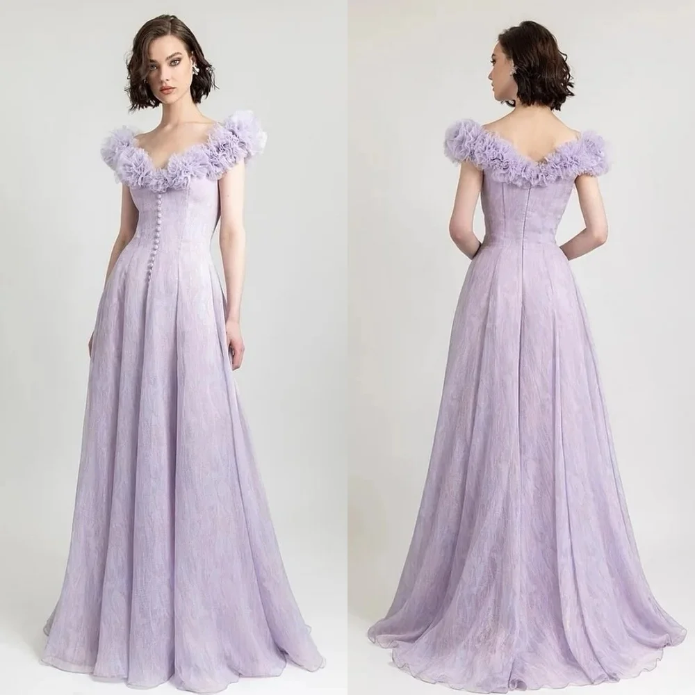  Evening  Sexy Casual  Jersey Flower Button Ruched Formal Evening A-line V-neck Bespoke Occasion Gown Long Dresses