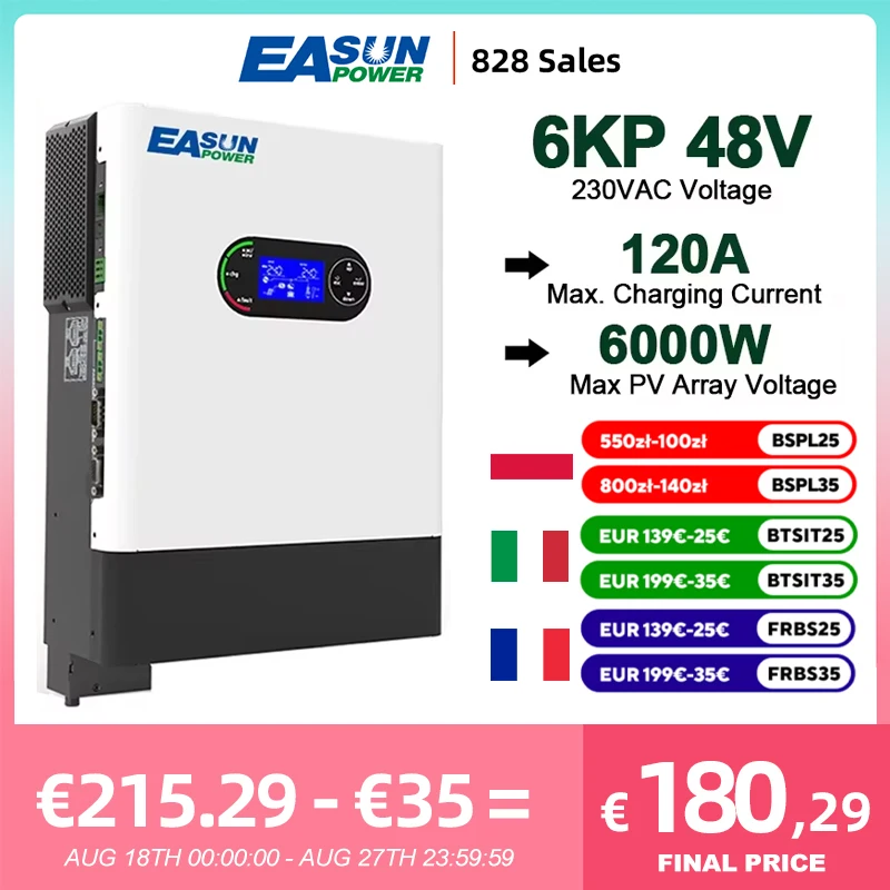 EASUN POWER 6000W 48V 4000W 24V Inverter solare ibrido 230V Caricatore a onda sinusoidale pura MPPT 120A Batteria On/Off Grid Inversor WIFI