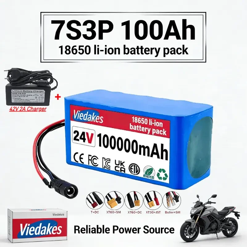 

VIEDAKES 7S3P 24V 100Ah Akku 18650 Battery With Charger Customizable Plug For Electric Scooter Fast Charging High Capacity