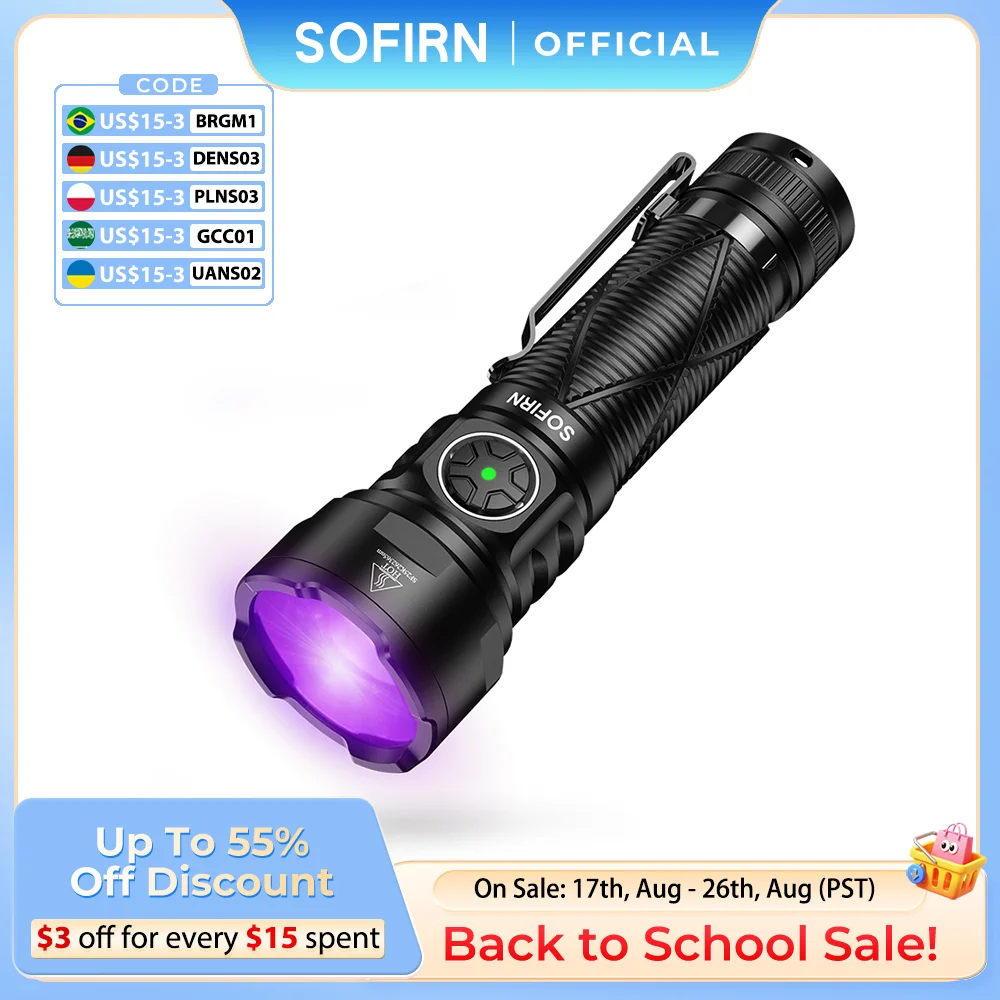 Sofirn SR15 365nm UV-Taschenlampe mit SST08 LED, 21700 USB-C wiederaufladbar, mit Magnetlampe für Fluoreszenz- und Fälschungserkennung