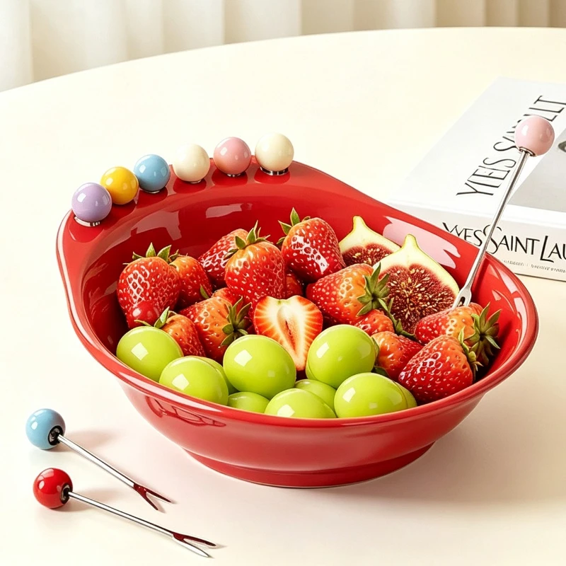 French Threaded Fruit Fork Bowl Dopamine Creative with Stainless Steel Fork with Plastic Fork Thickened Candy Snack Plate