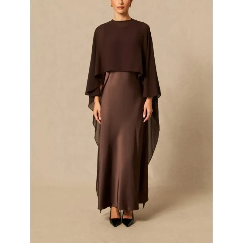 Tuhle malha retalhos vestidos de cetim para mulher 2026 vintage capa-manga de duas peças pura sobreposição festa à noite vestido longo 196141