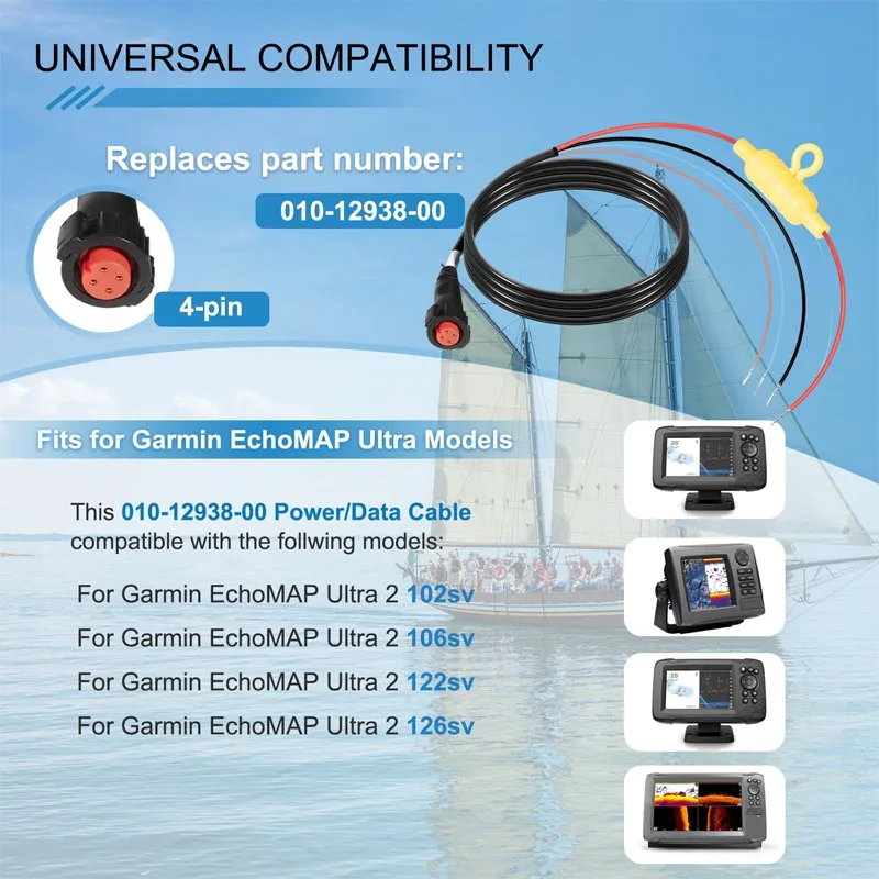 010-12938-00 Boat Power Cable for Garmin EchoMAP Ultra 2 102sv to 126sv ,10” & 12” Chartplotter/Sounder Combo (4-Pin)