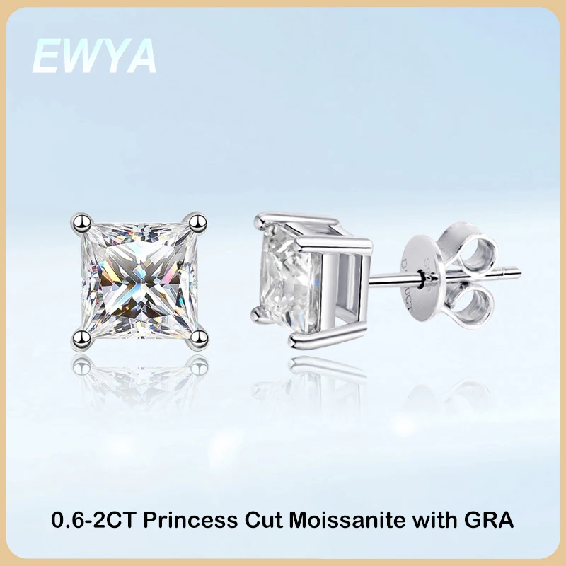 EWYA Real 1 Carat Princess Cut Moissanite Diamond Stud Earrings for Women Party Fine Jewelry 100% S925 Sterling Silver Earring