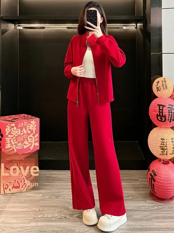 

New Year Red Casual Sportswear Set Women's Spring Fashion High-End Outerwear Top Wide Leg Pants Two-Piece Set Comfortable Fit