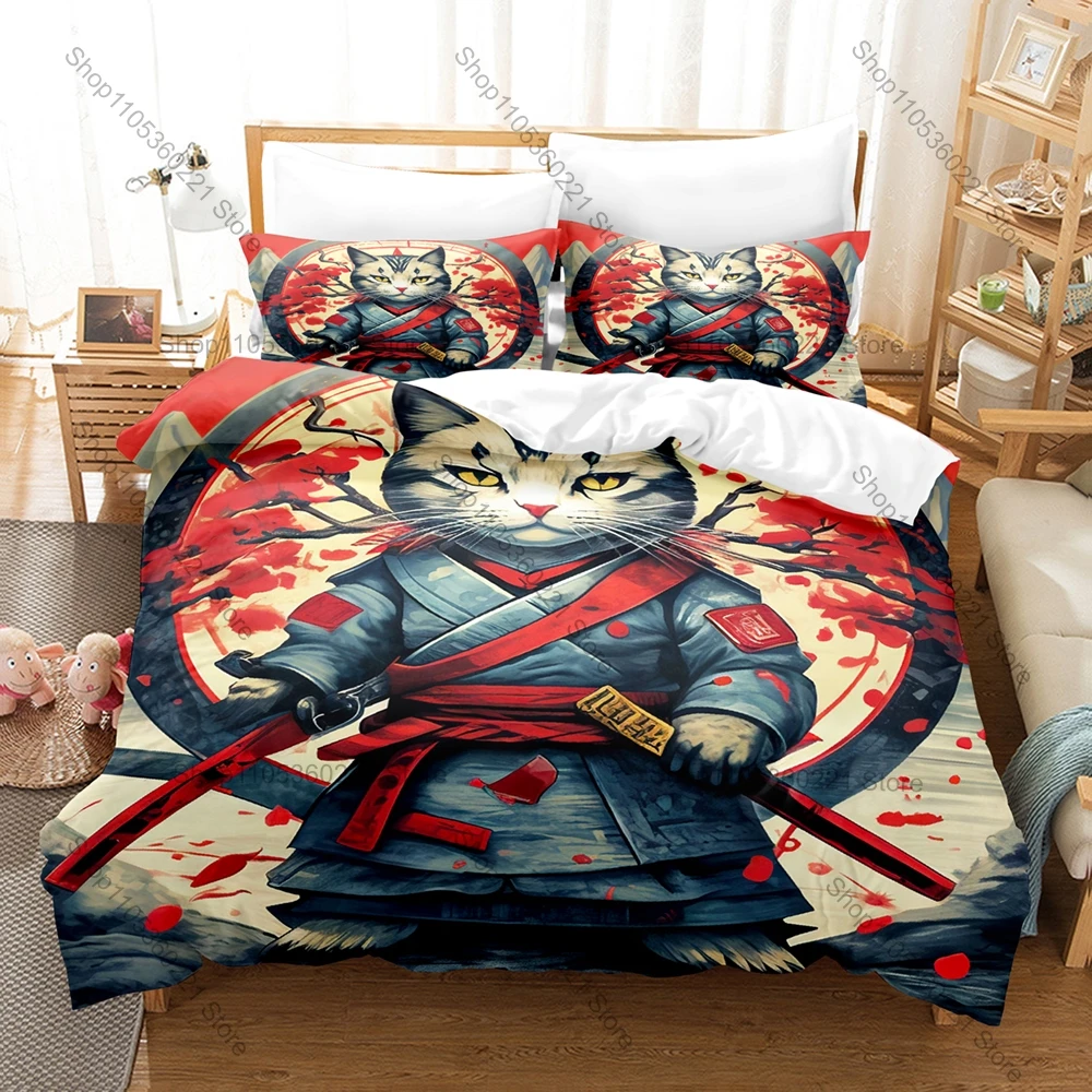 

Samurai Cat 3PCS Bedding Set Cool Warrior Cat Print Soft Microfiber Duvet Cover Pillowcase Home Decor
