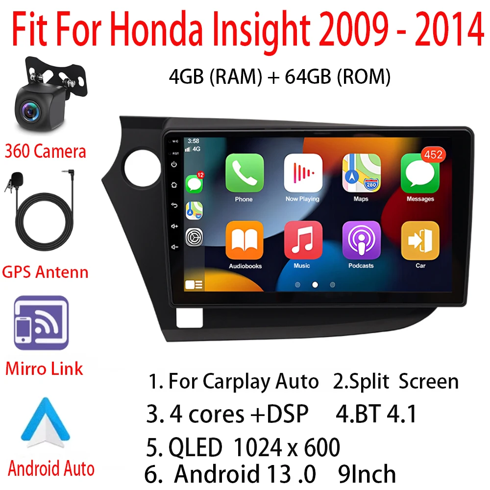 Android 13 Car Stereo Radio Navigation Player AHD fit for Carplay Android Auto Music Car Player For Honda Insight 2009 - 2014