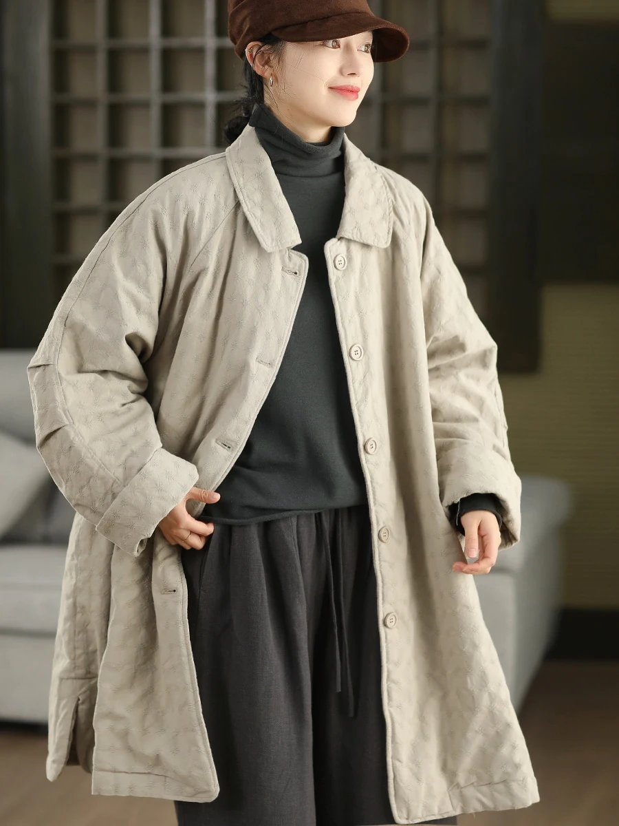 

Thiened Heavyweight Cotton Jaet Women's Mid-Length Quilted Coat Pure Cotton Warm Windbreaker Floral Embroidery Outerwear