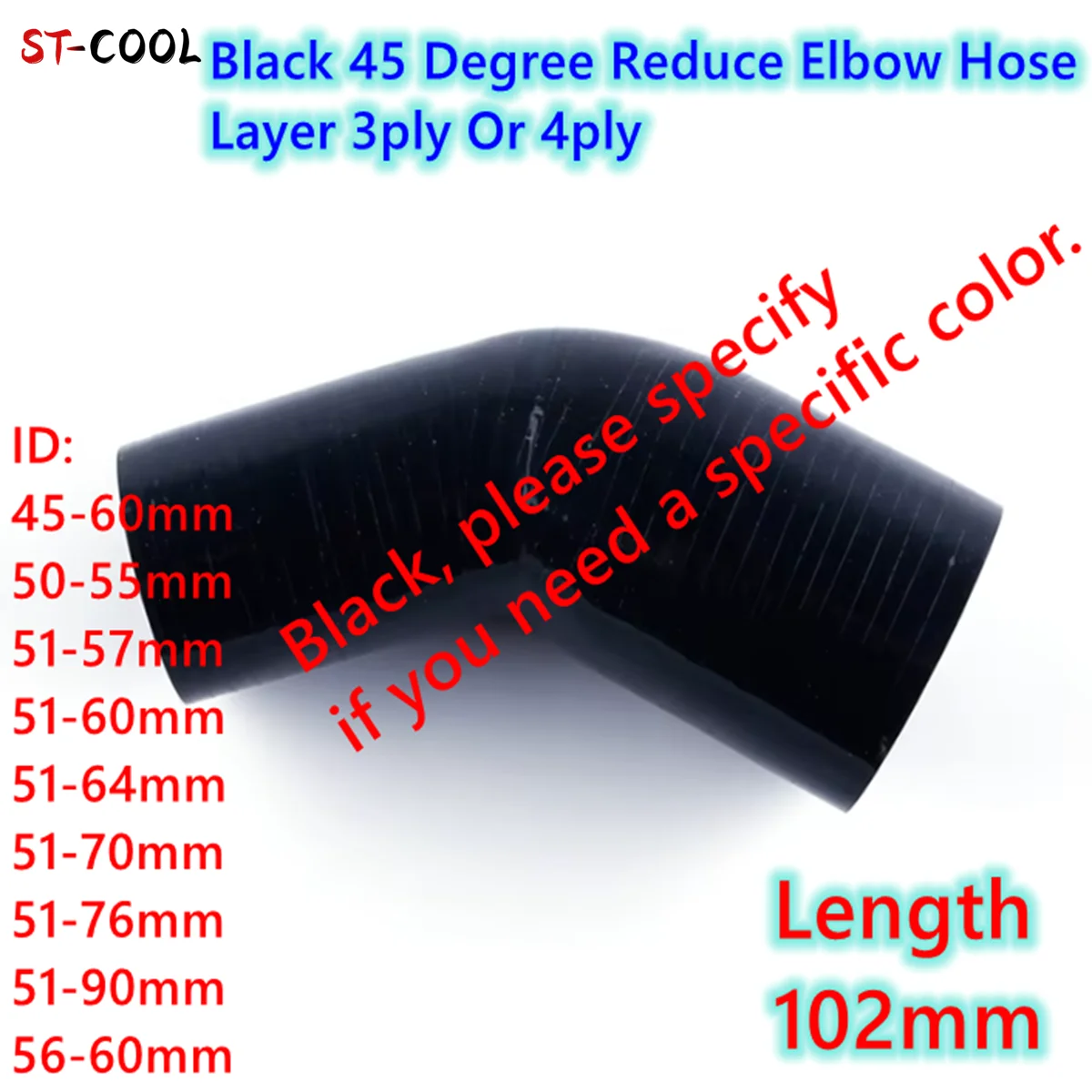 

Black 45 Degree Reduce Elbow General Silicone Coolant Intercooler Hose Tube Pipe ID 45mm 50mm 51mm 56mm