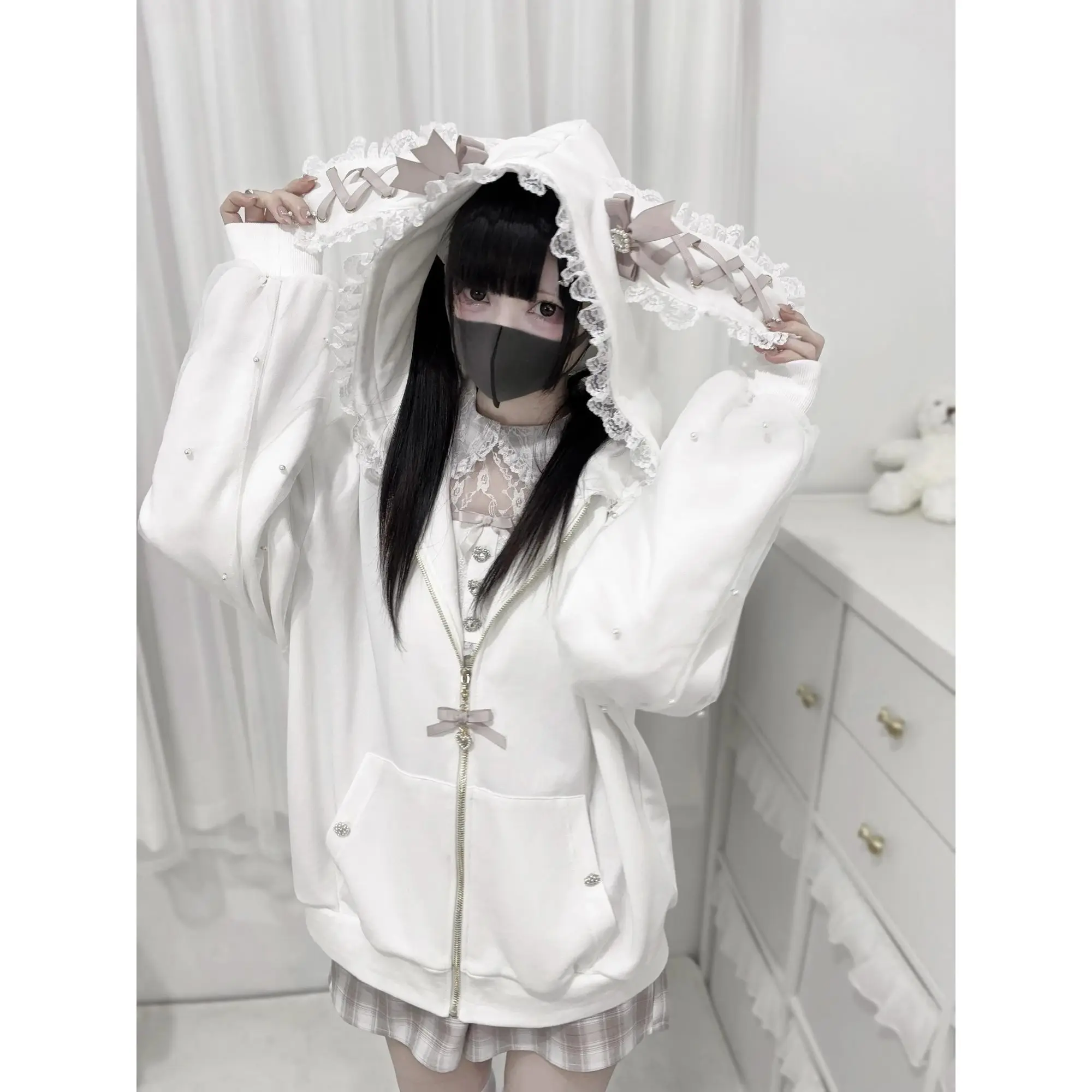 

Japanese Pearl Gauze Patchwork Coats Women Y2k Aesthetic Lace Rabbit's Ears Jackets Casual Oversized Harajuku Kawaii Hoodies Top