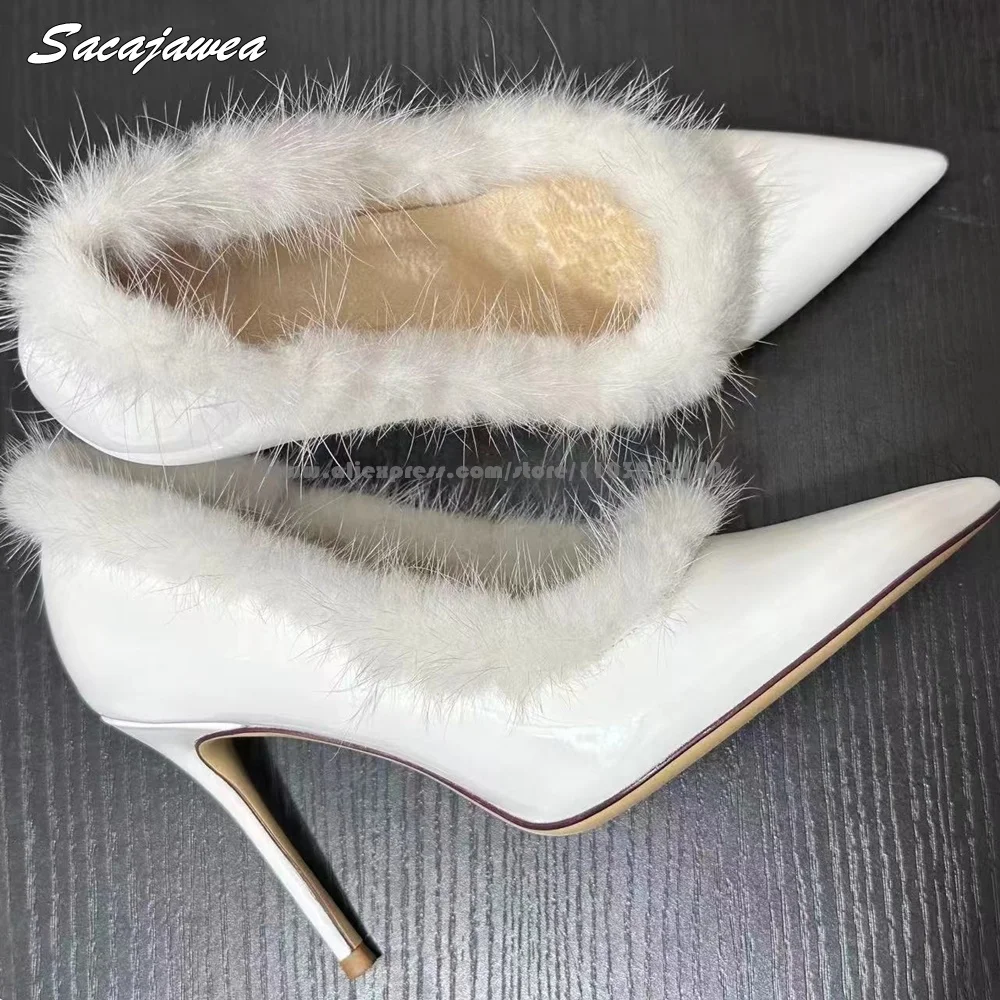 Real Fur Short Plush Sexy Shallow Stiletto High Heels 2025 New Patent Leather Slip On Grace Pumps Pointed Toe Office Lady Shoes